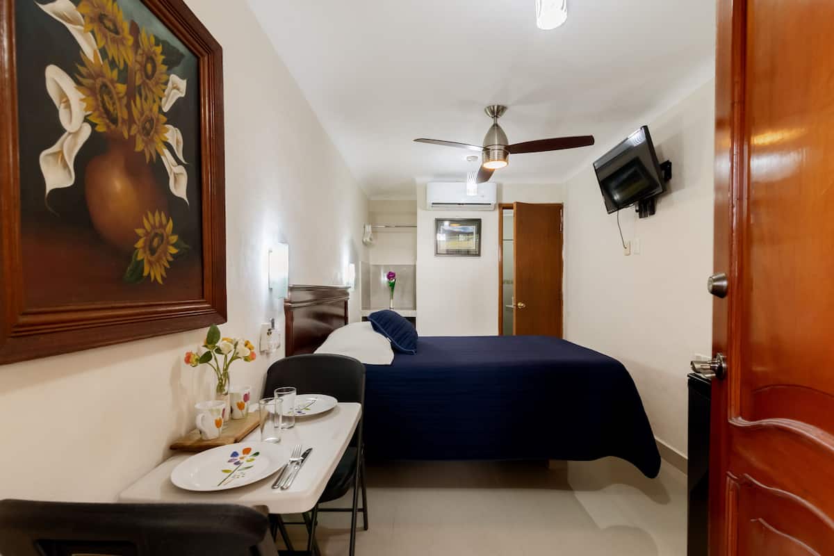 Ein kleiner, gut beleuchteter Raum mit einem Bett, einem Schreibtisch mit Stuhl, einem Bild an der Wand und einem Deckenventilator.