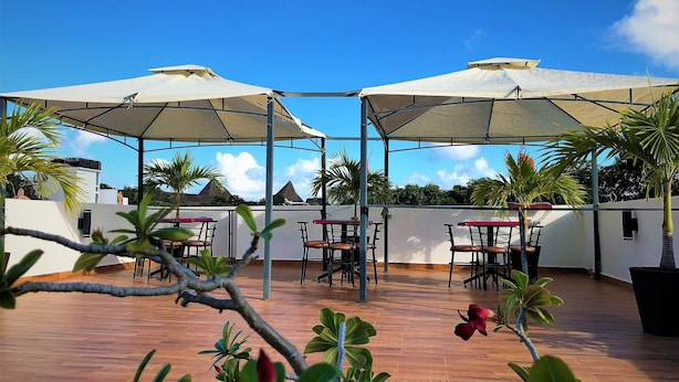 A rooftop terrace with outdoor seating under umbrellas, surrounded by potted plants and overlooking a cityscape. - Posada Flamingos (Playa del Carmen)