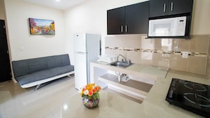 A compact kitchen with a built-in microwave, a sink, and a stove. There's a gray sofa and a vase with flowers on the floor. - Posada Flamingos (Playa del Carmen)