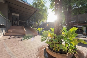 A wooden deck with a potted plant, a staircase leading to a building, and a sunlit background. - Romyen Garden Place (Nakhon Ratchasima)