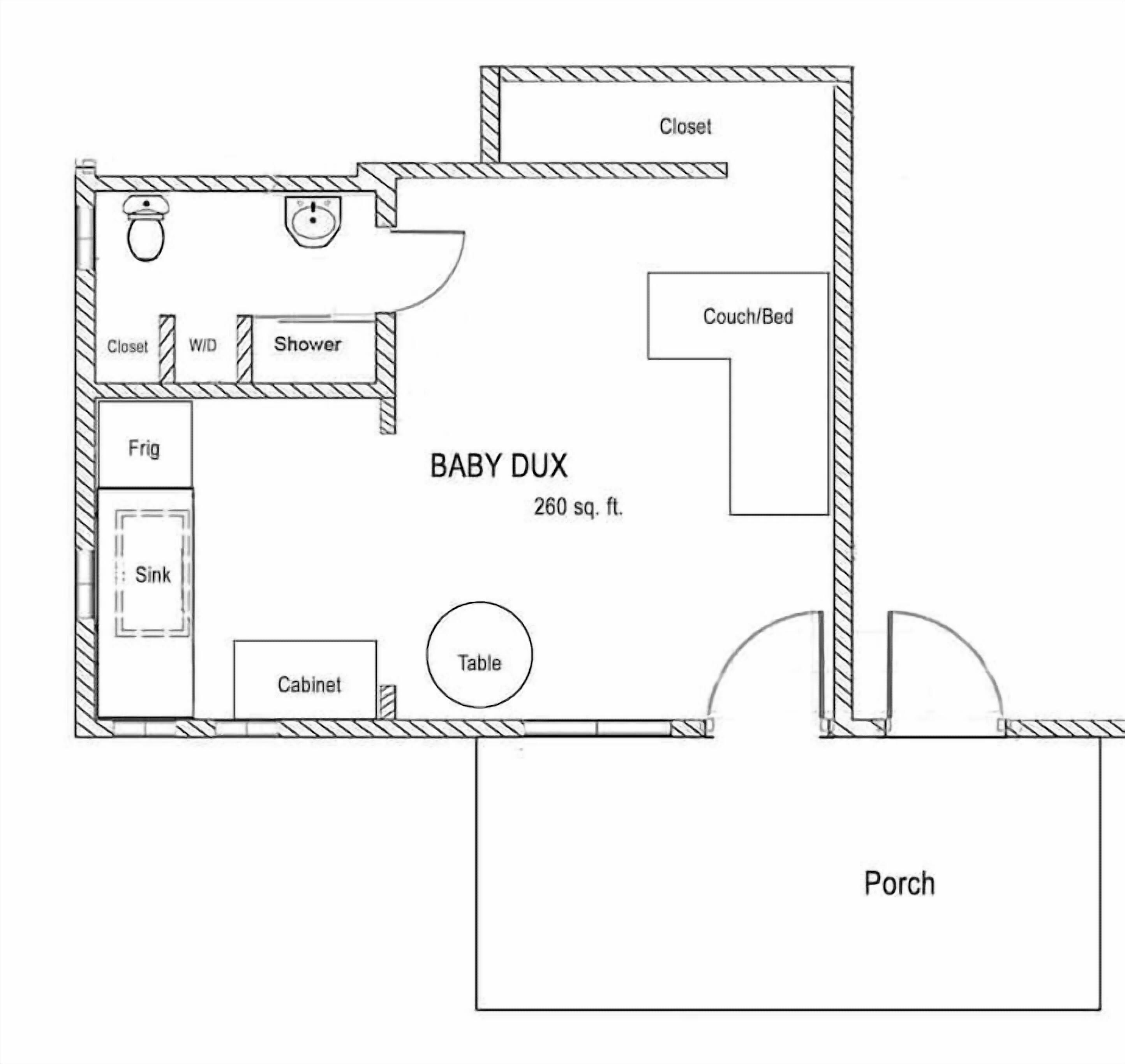 A baby room layout with a closet, shower, sink, cabinet, table, and porch.