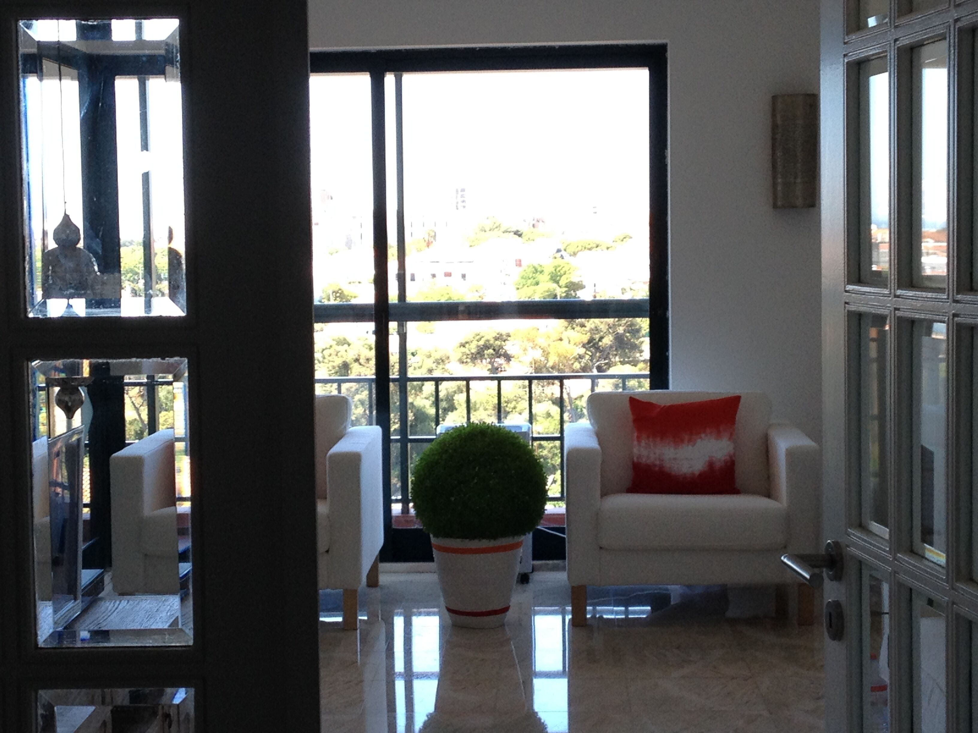 A room with a white sofa, a red pillow, and a potted plant.