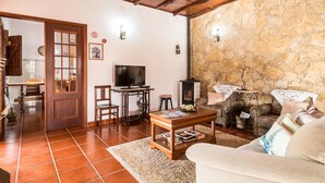 A cozy living room with a stone wall, wooden ceiling, a TV, a fireplace, and a sofa. - Holiday Cottage in the Natural Park  (Alcobertas)