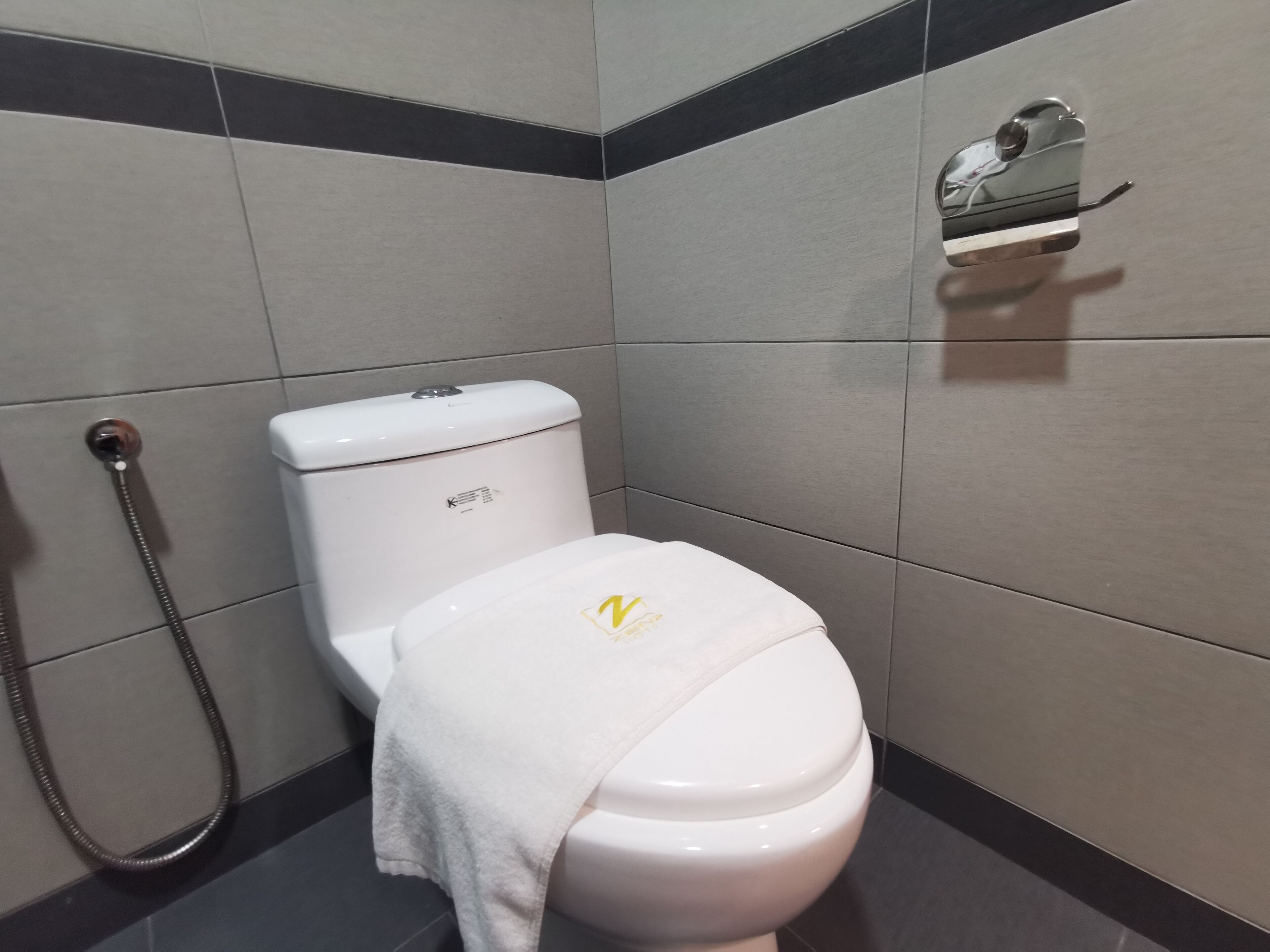 Une salle de bain moderne avec des toilettes blanches, une douche et un porte-serviettes.