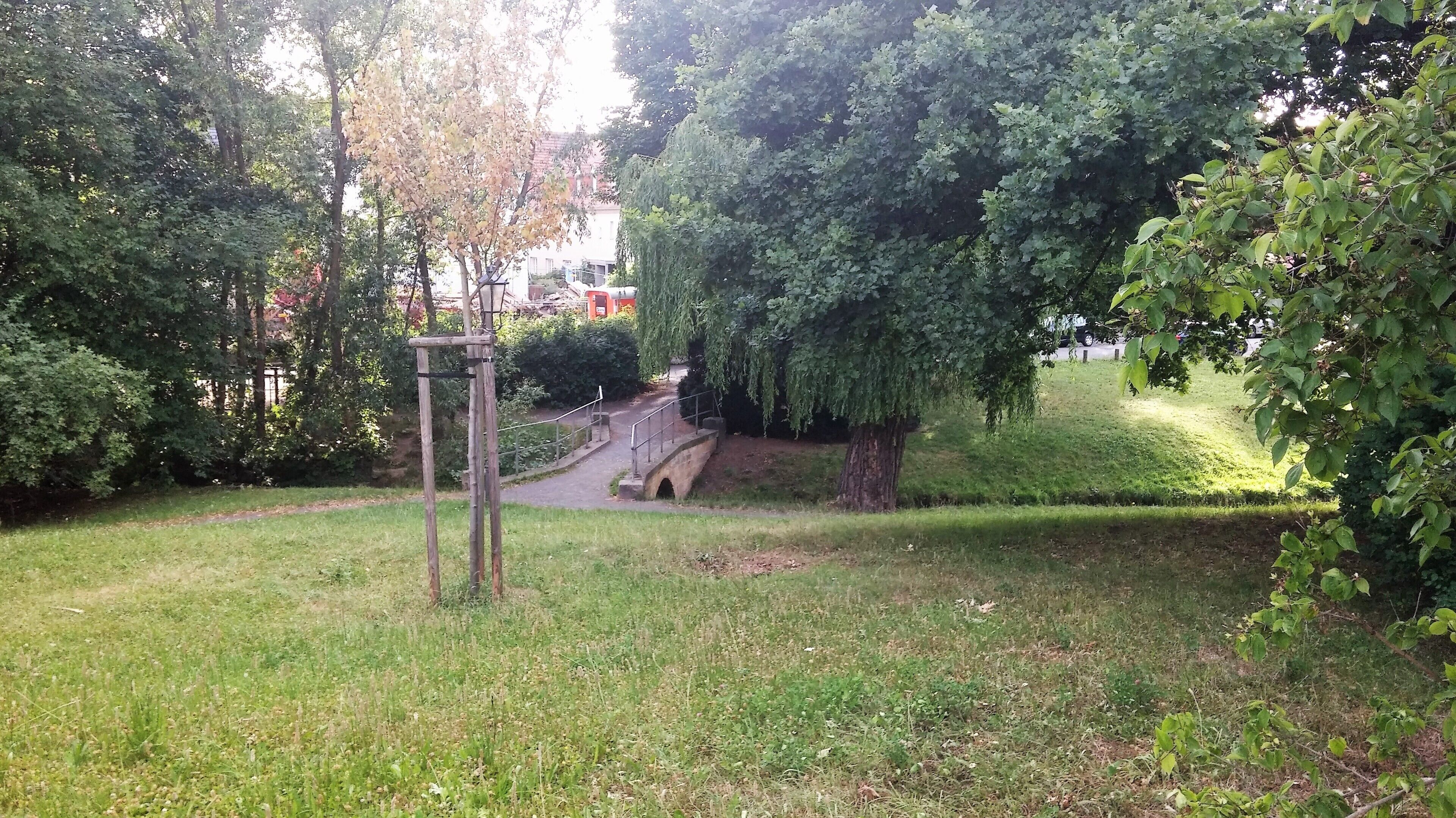 Een park met een stenen brug, grasvelden en bomen.
