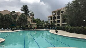 Une piscine à l’eau d’un bleu cristallin, entourée de chaises longues et de palmiers.