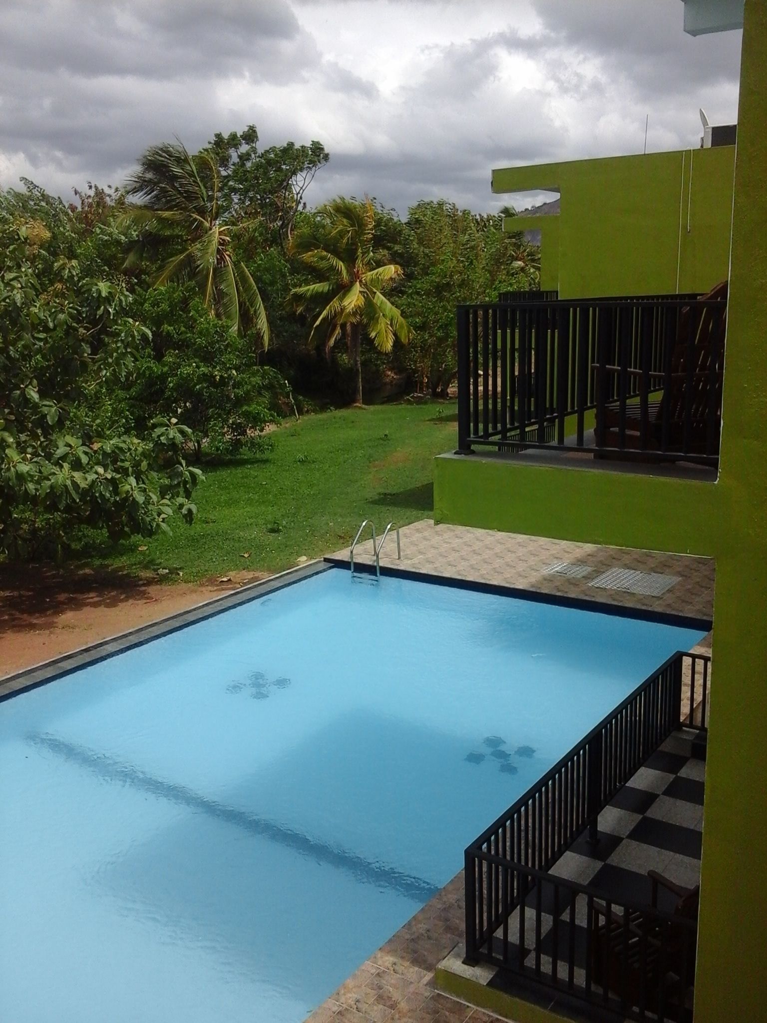 Piscina retangular com escada de metal preta, cercada por um muro verde e um chão quadriculado.