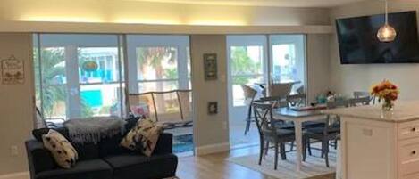 Smart TV, fireplace, DVD player, books