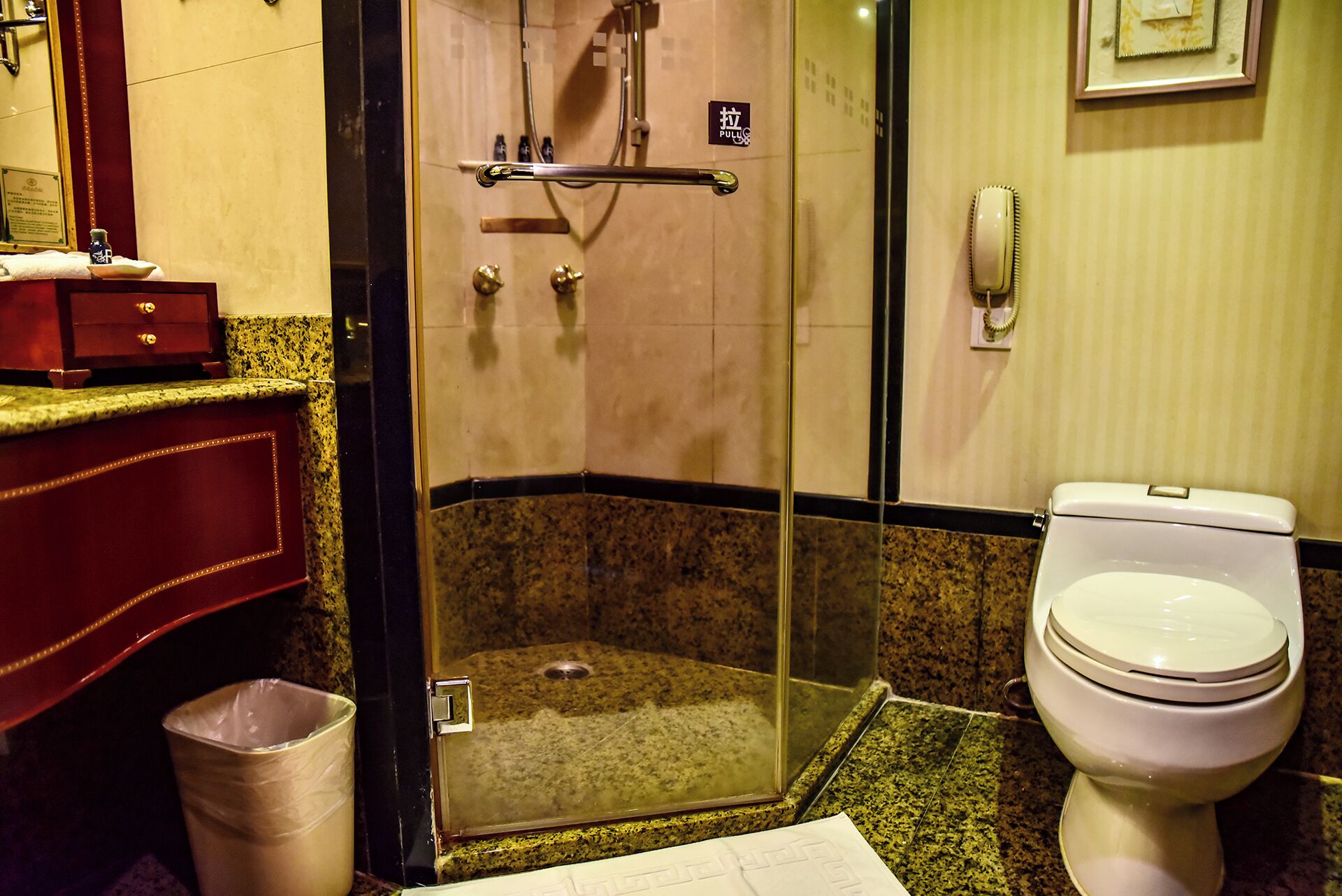 Un baño con ducha de vidrio, inodoro blanco y encimera de mármol.