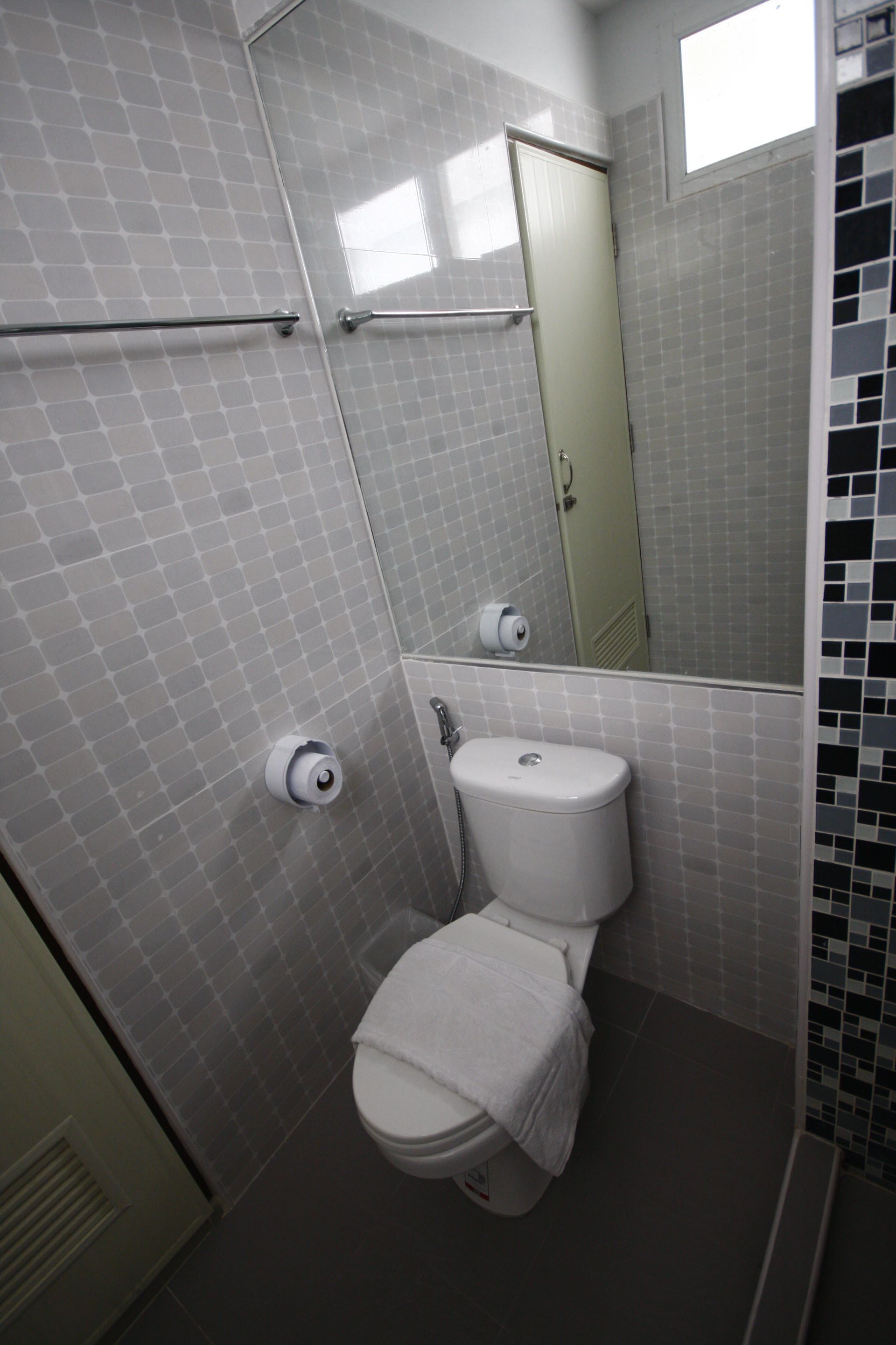 Un baño con inodoro, lavamanos, toallero y espejo.