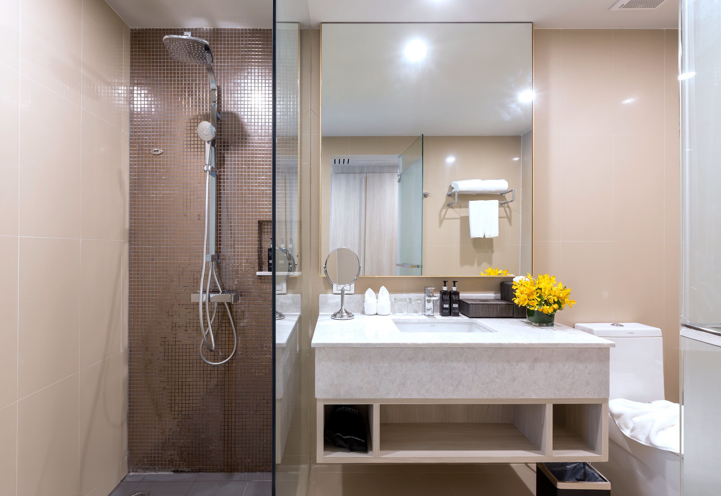 Un baño moderno con ducha de vidrio, un espejo grande, un lavamanos blanco y un inodoro.