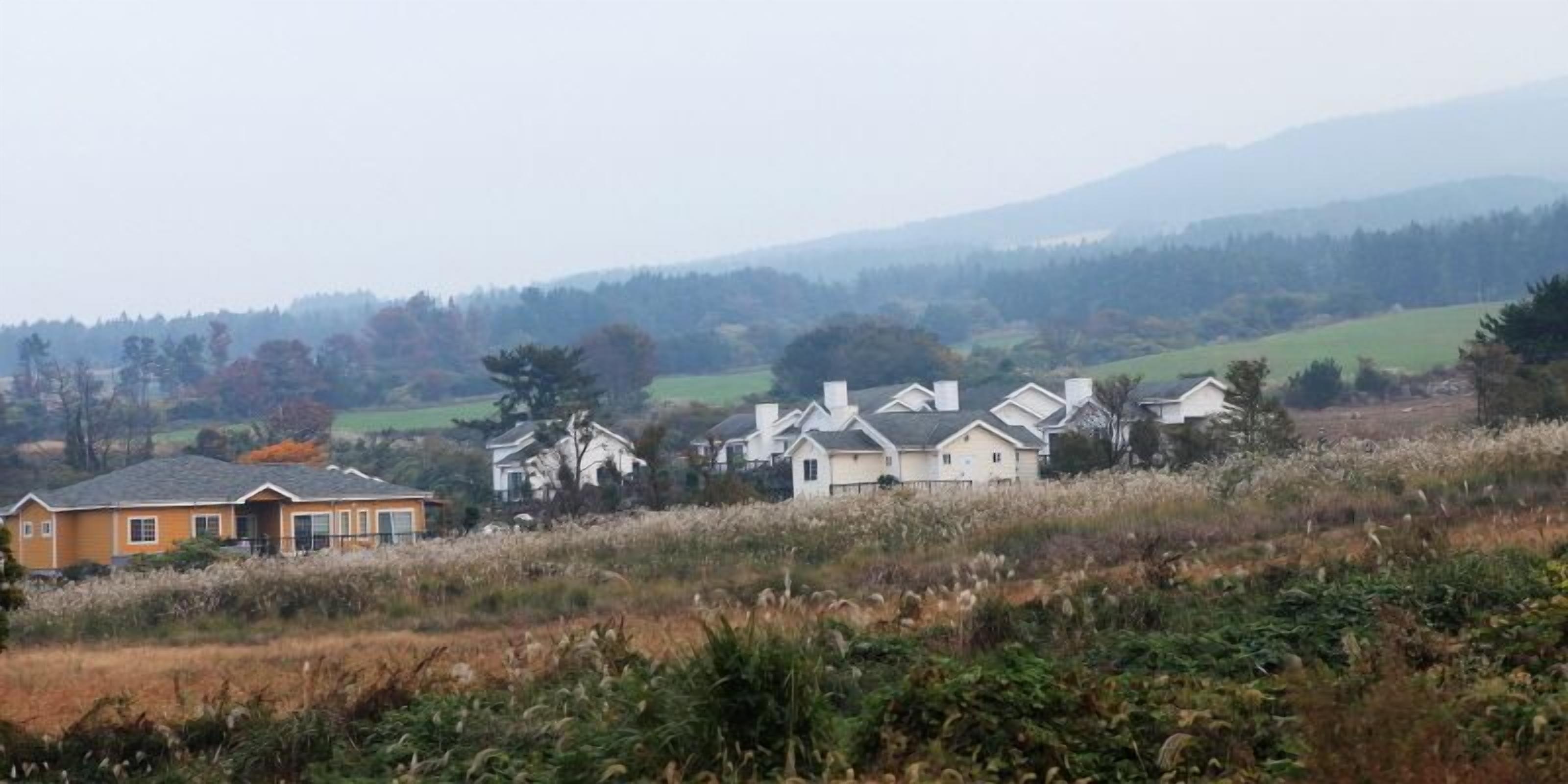 Une rangée de maisons, avec un paysage vallonné en arrière-plan.