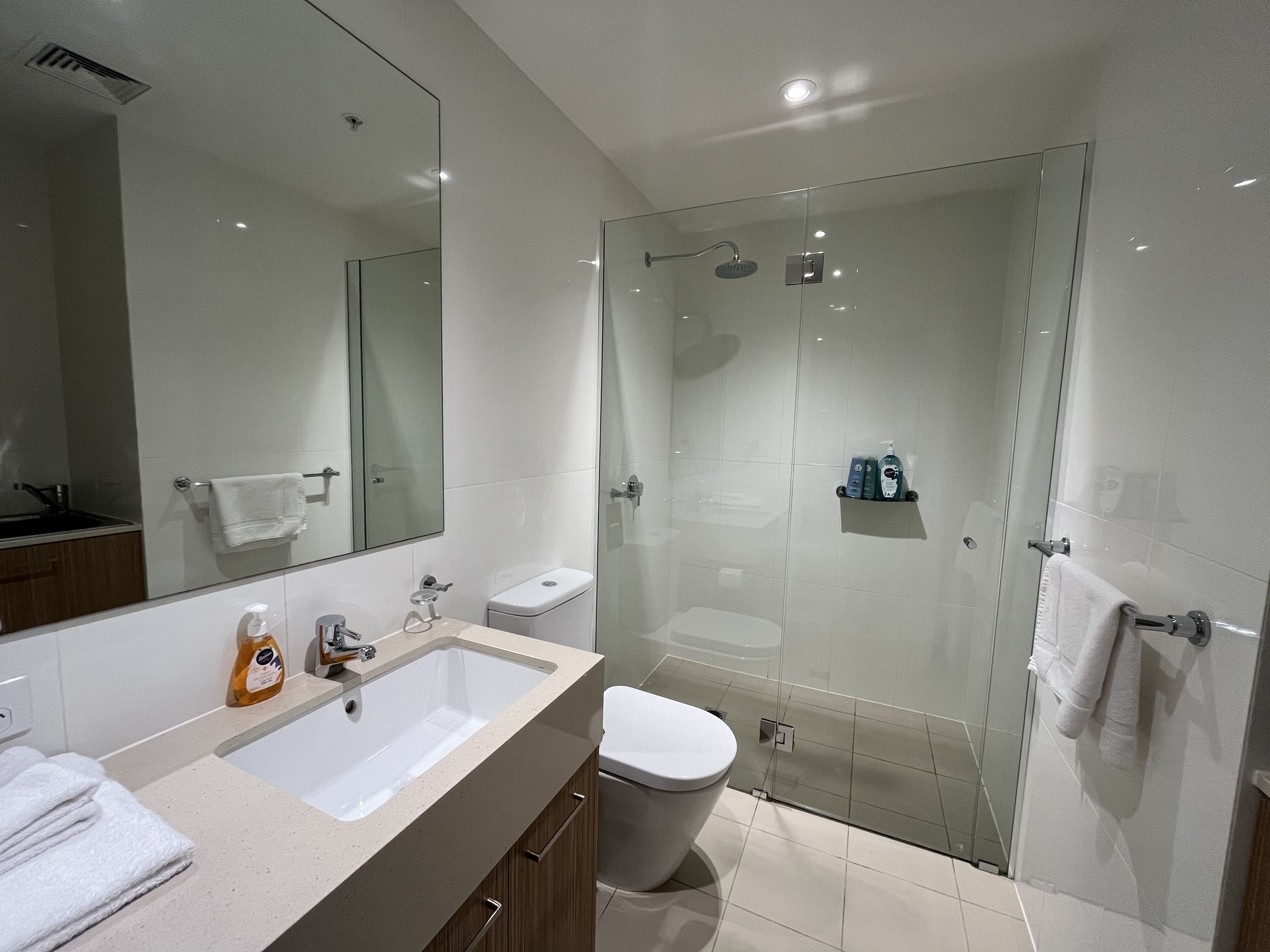 A modern bathroom with a large sink, mirror, toilet, and glass-enclosed shower.