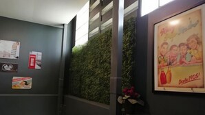 Una pared con jardín vertical verde, un cartel enmarco y algunos avisos.