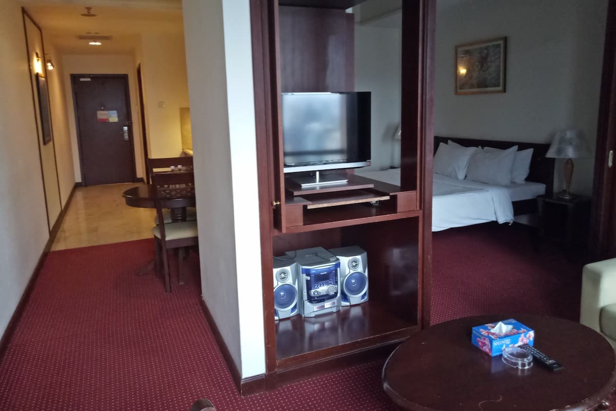 A hotel room with a TV, a bed, a bedside table with a lamp, a small table with a remote and tissues, and a red carpeted floor.