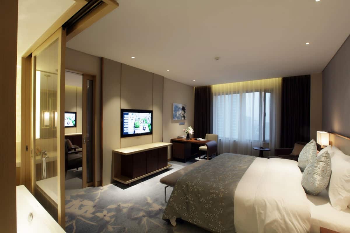Habitación de hotel con una cama grande, un escritorio, un televisor y un baño con ducha e inodoro.