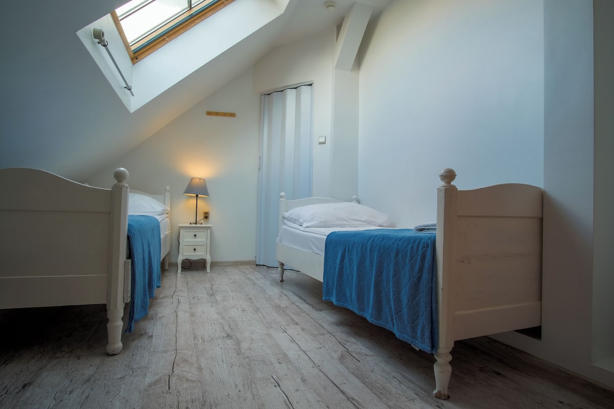 A bedroom with two beds, a skylight, and a white wardrobe.