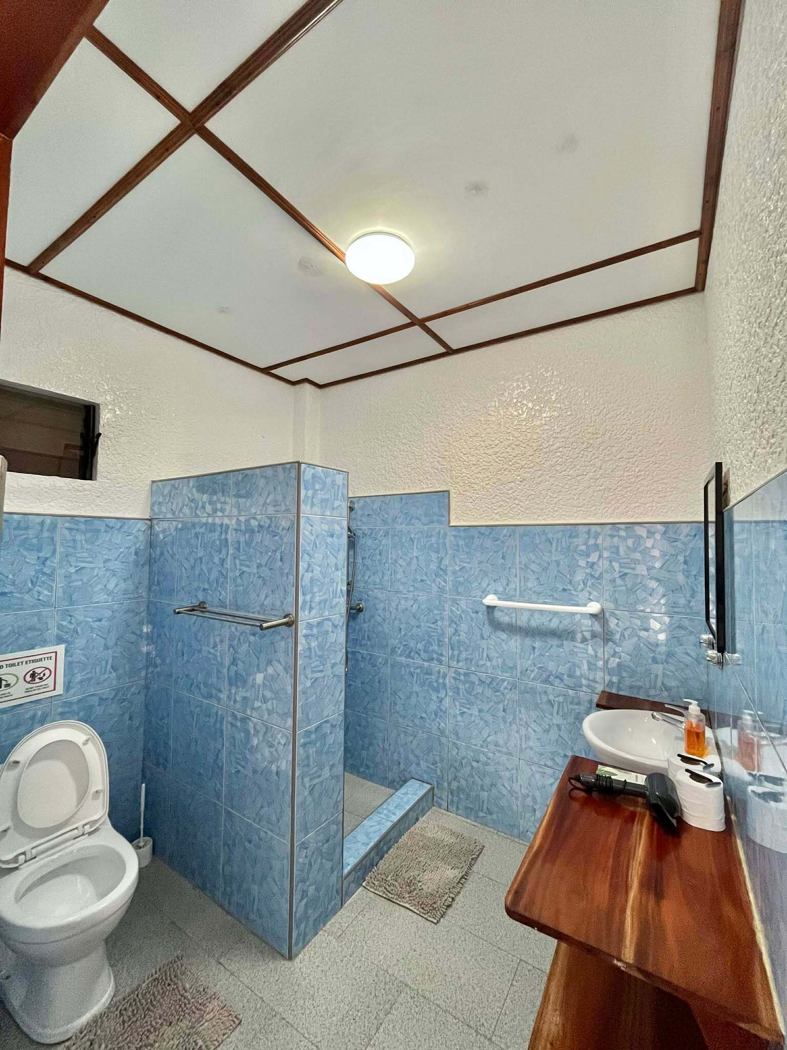 A bathroom with a toilet, a shower, and a sink.