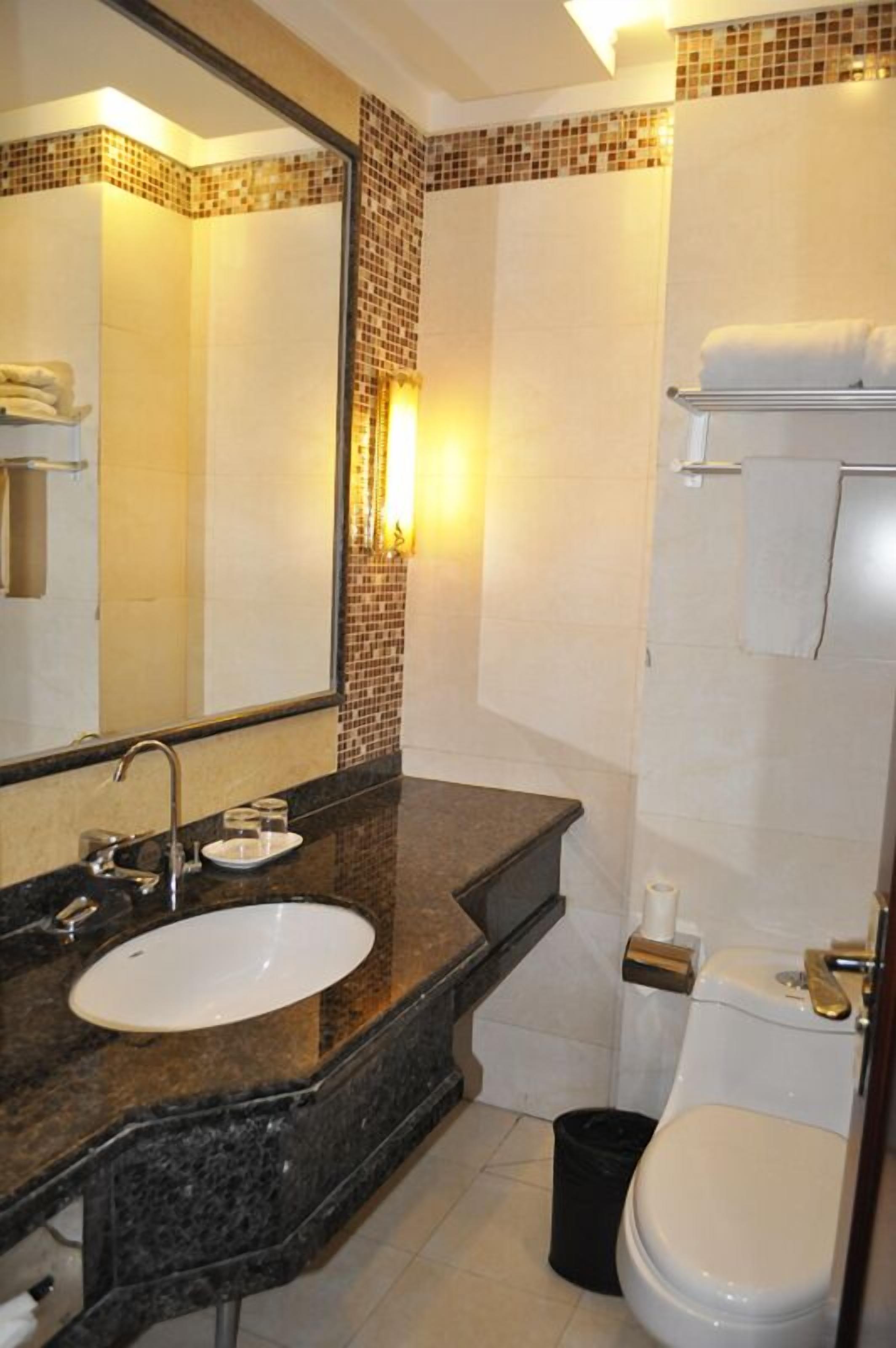 A bathroom with a marble sink, a large mirror, a toilet, and a shower area.