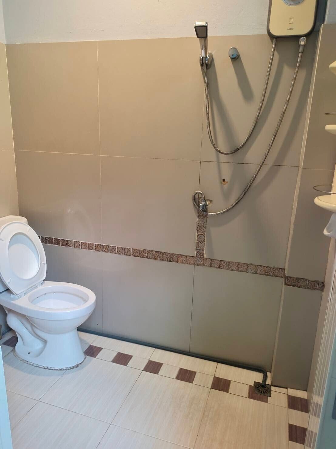 Een badkamer met toilet, douche en wastafel.