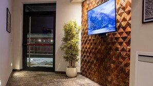 A hallway with a potted plant, a television mounted on a geometric-patterned wall, and a door leading outside.
