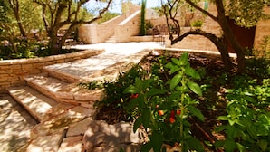 A stone courtyard with steps leading to a seating area, surrounded by greenery and trees. - Villa Kos (Murter-Kornati)