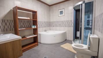 Executive Suite | Bathroom | Shower, free toiletries, hair dryer, towels