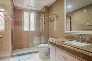 A modern bathroom with a glass-enclosed shower, a toilet, and a sink with a vanity.