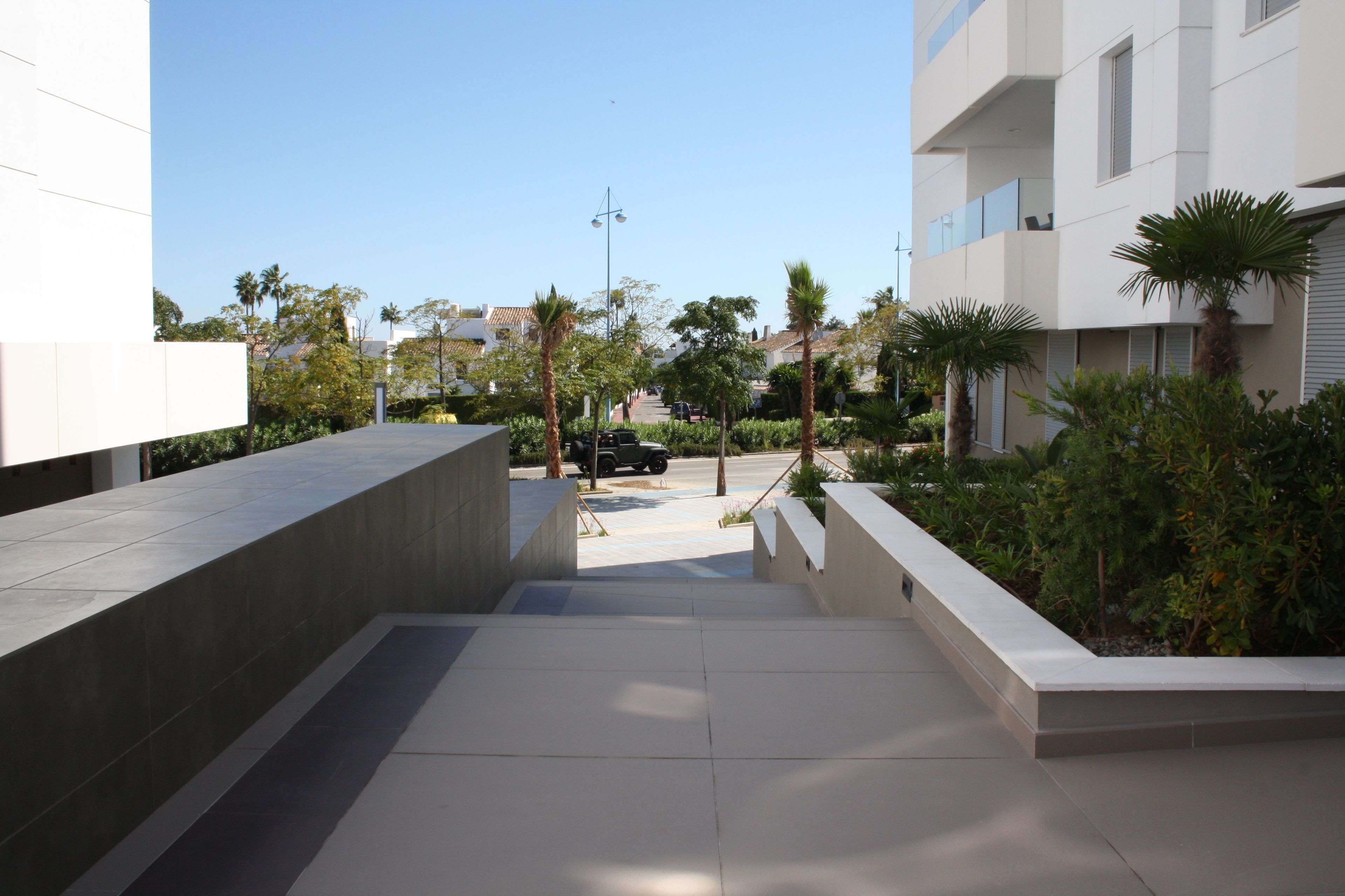 Una calle urbana moderna con un camino descendente, palmeras y edificios contemporáneos.