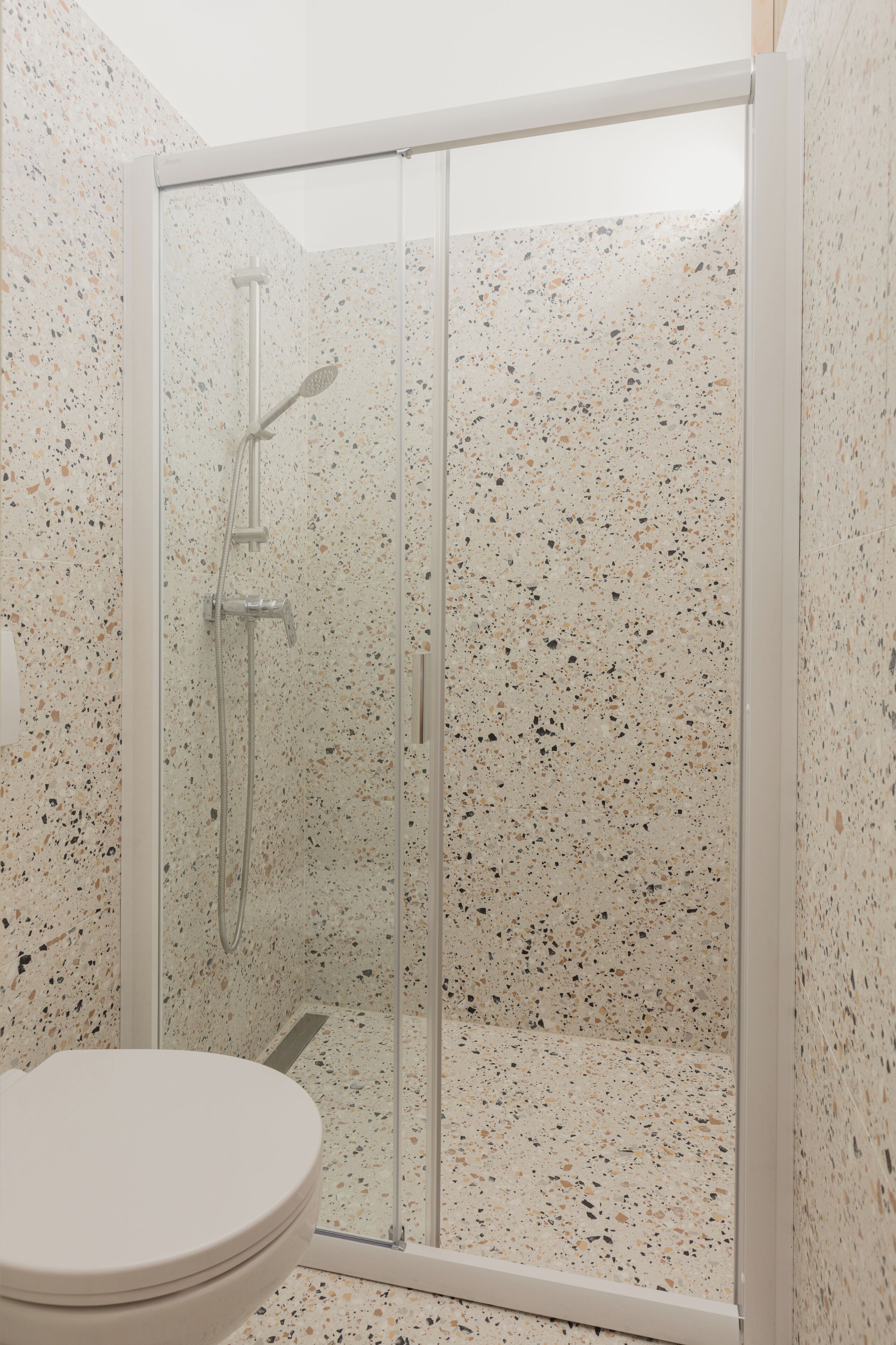 A bathroom with a shower enclosure and a toilet.