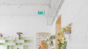 Un intérieur moderne avec un long couloir, des étagères vertes et blanches, et des plantes en pot.