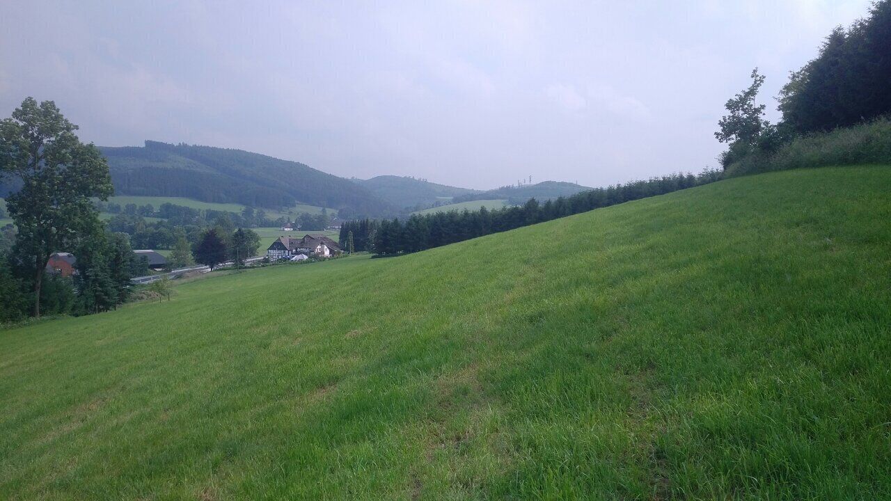 A grassy hillside with a few buildings in the distance.