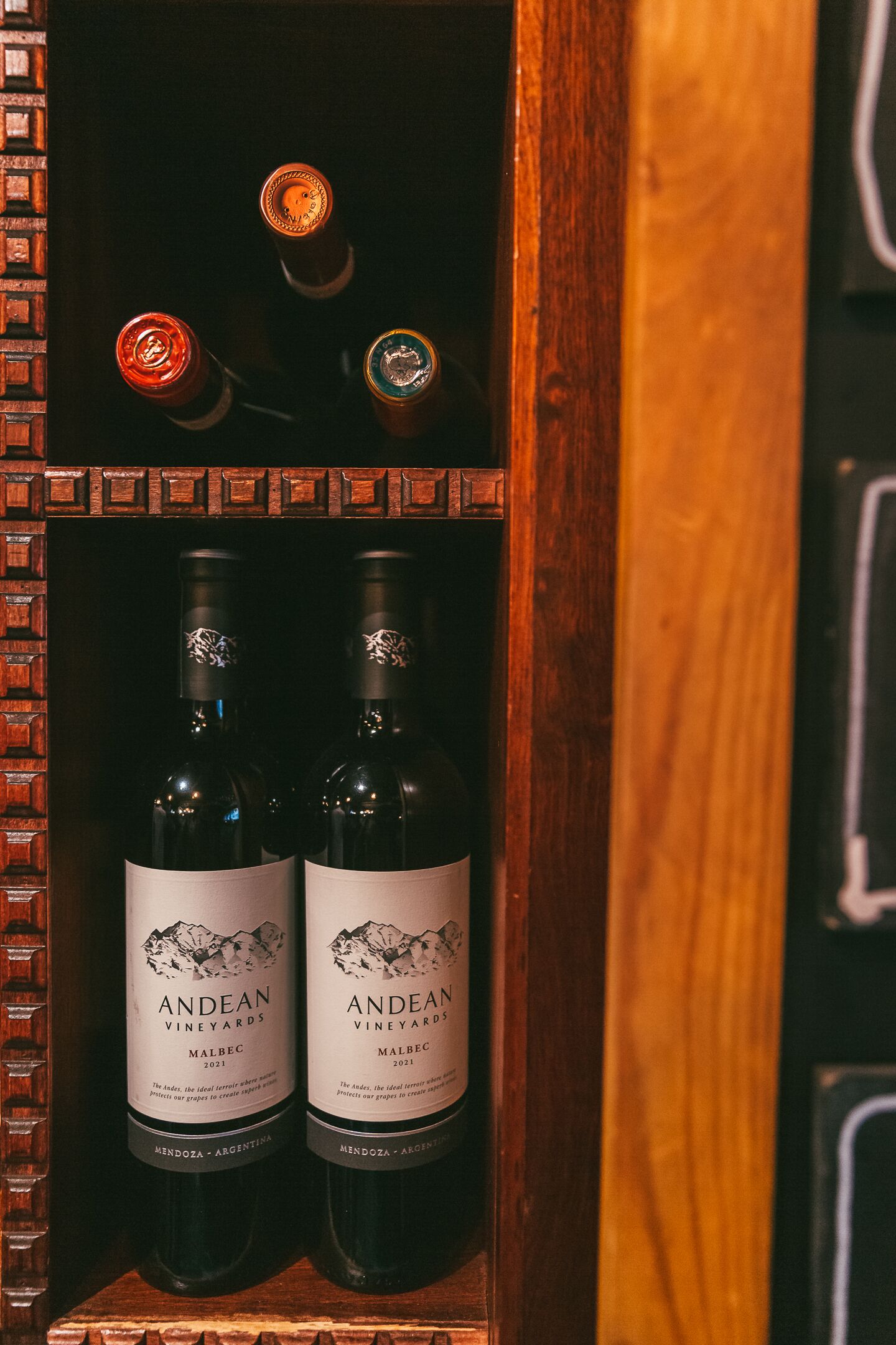 Dos botellas de vino Malbec 2021 de Viñedos Andinos en un mueble de madera con un diseño de ladrillo a la izquierda.