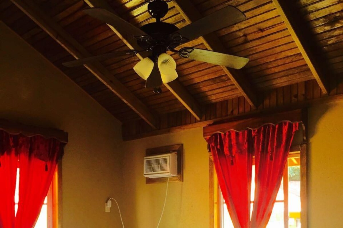 A room with a bed, a ceiling fan, and two windows with red curtains.