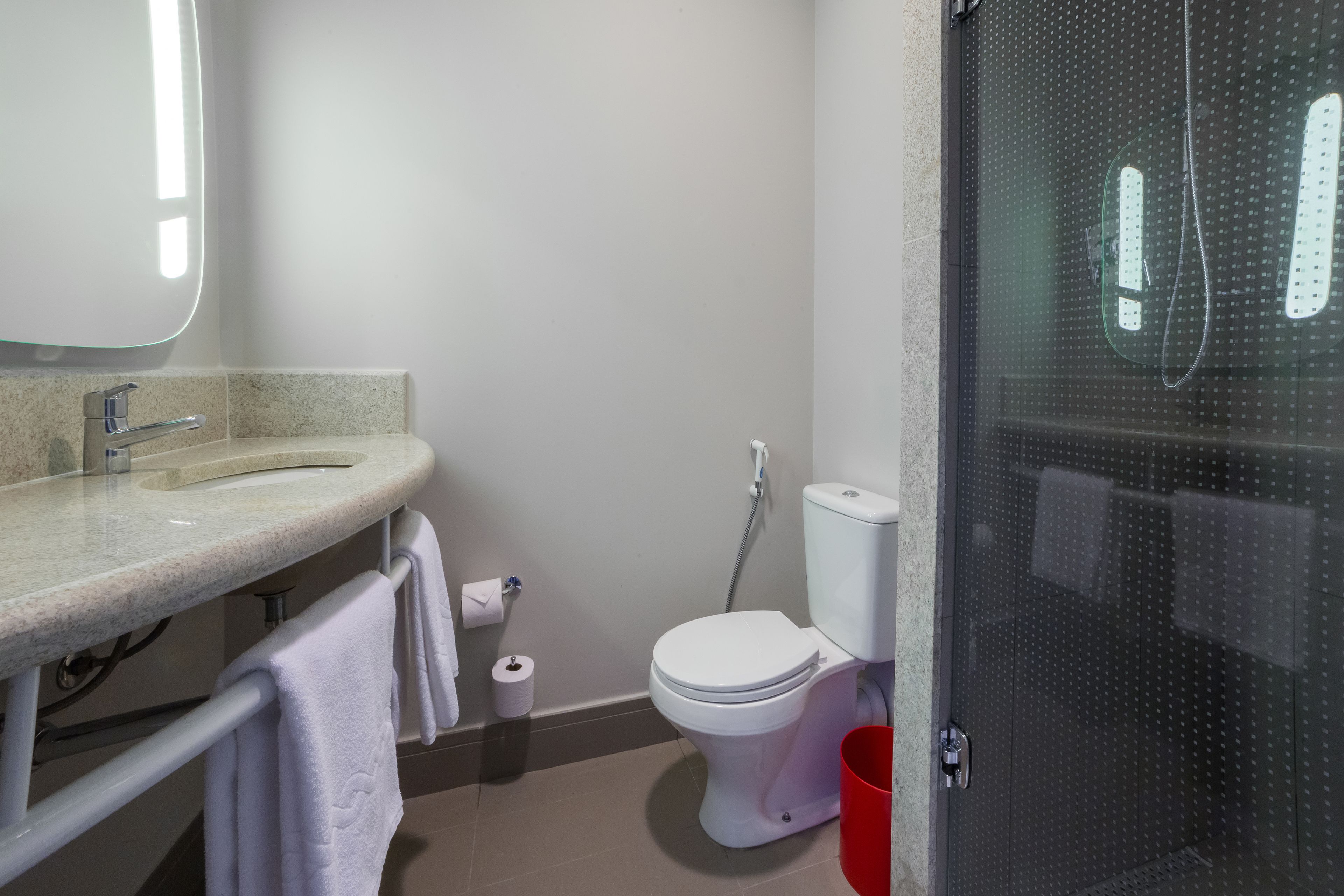 shower, eco-friendly toiletries, hair dryer, towels