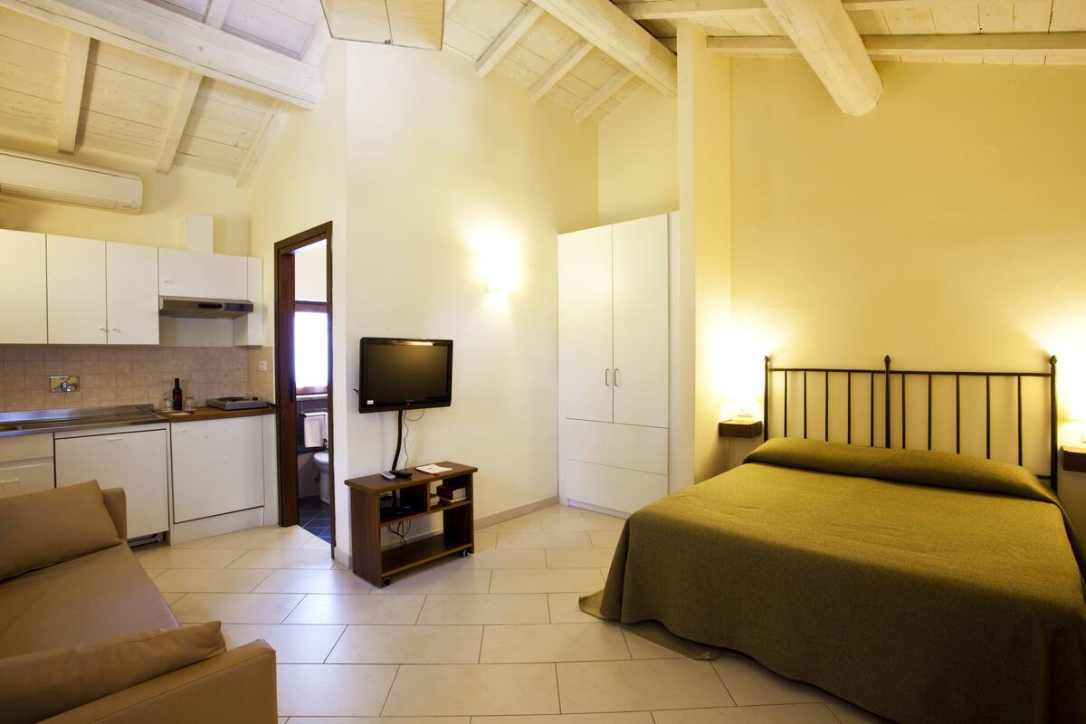A compact room with a bed, a TV, a kitchenette, and a bathroom.