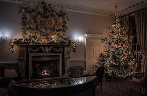 A room with a fireplace, a Christmas tree, and a decorative mantle.