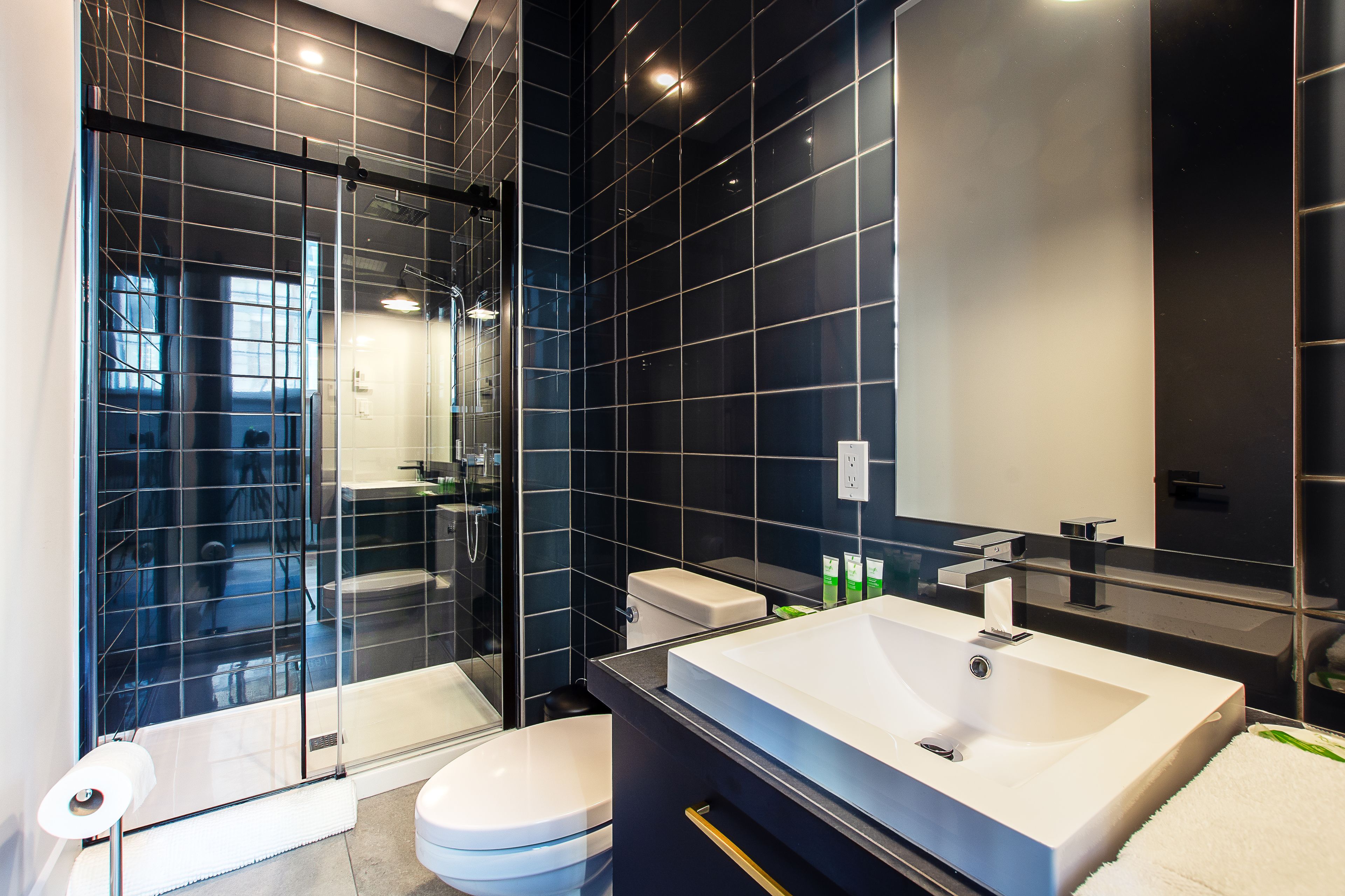 A modern bathroom with a glass-enclosed shower, a white sink, and a toilet.