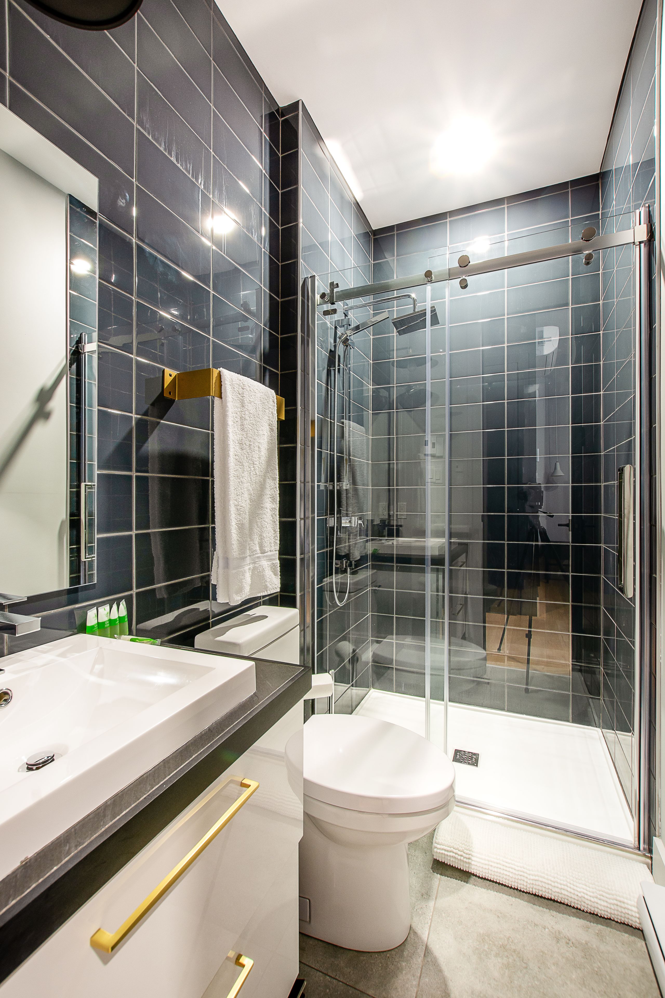 A modern bathroom with a glass-enclosed shower, a white toilet, and a vanity with a mirror and sink.