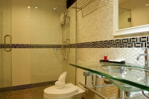 Shower, free toiletries, hair dryer, slippers