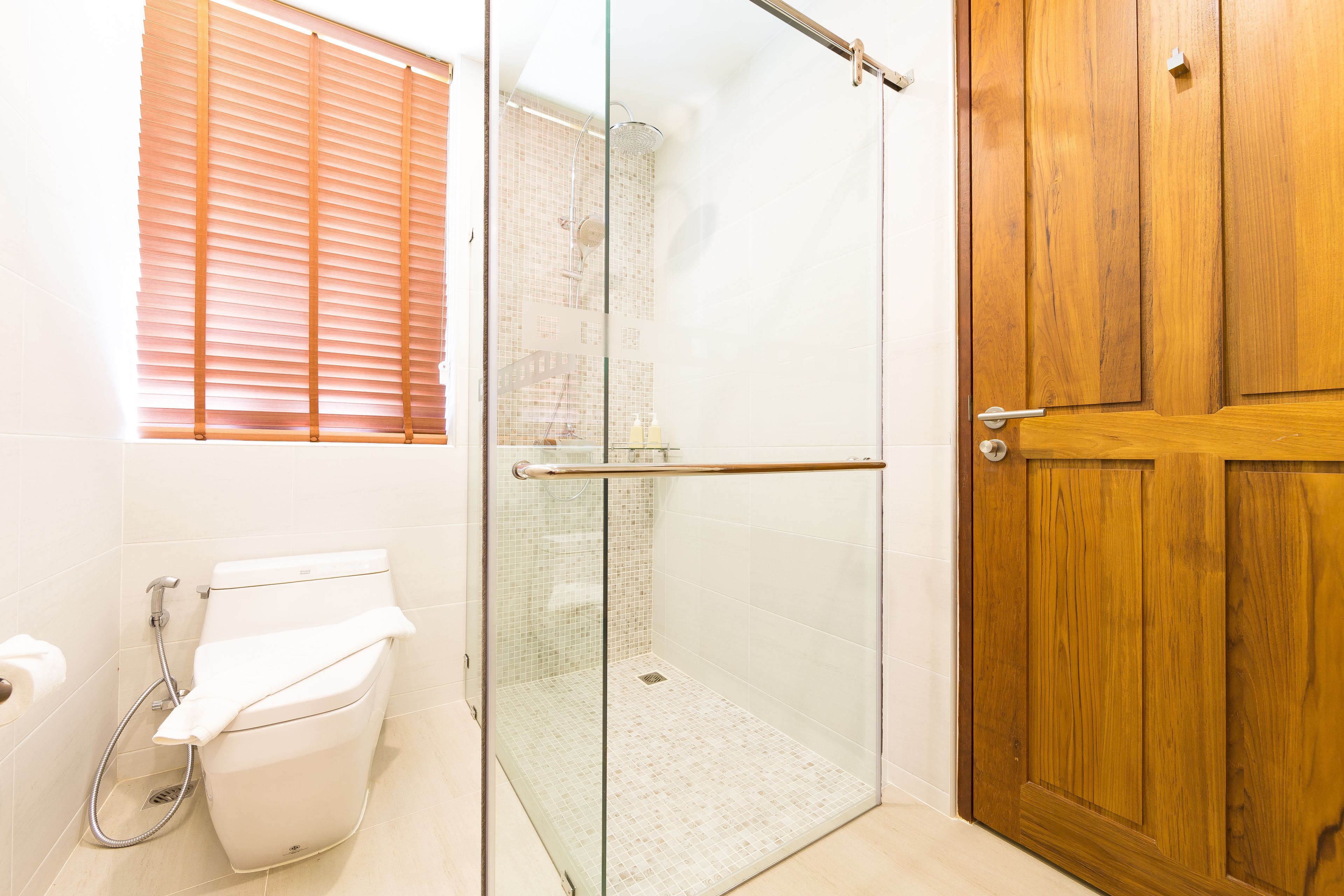 A bathroom with a glass-enclosed shower, a toilet, and a wooden door.