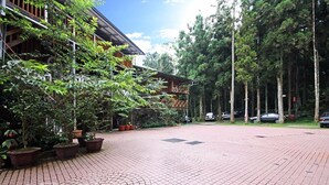 A paved courtyard with potted plants and a building with a wooden facade. - Gemlu Hotel (Lugu)