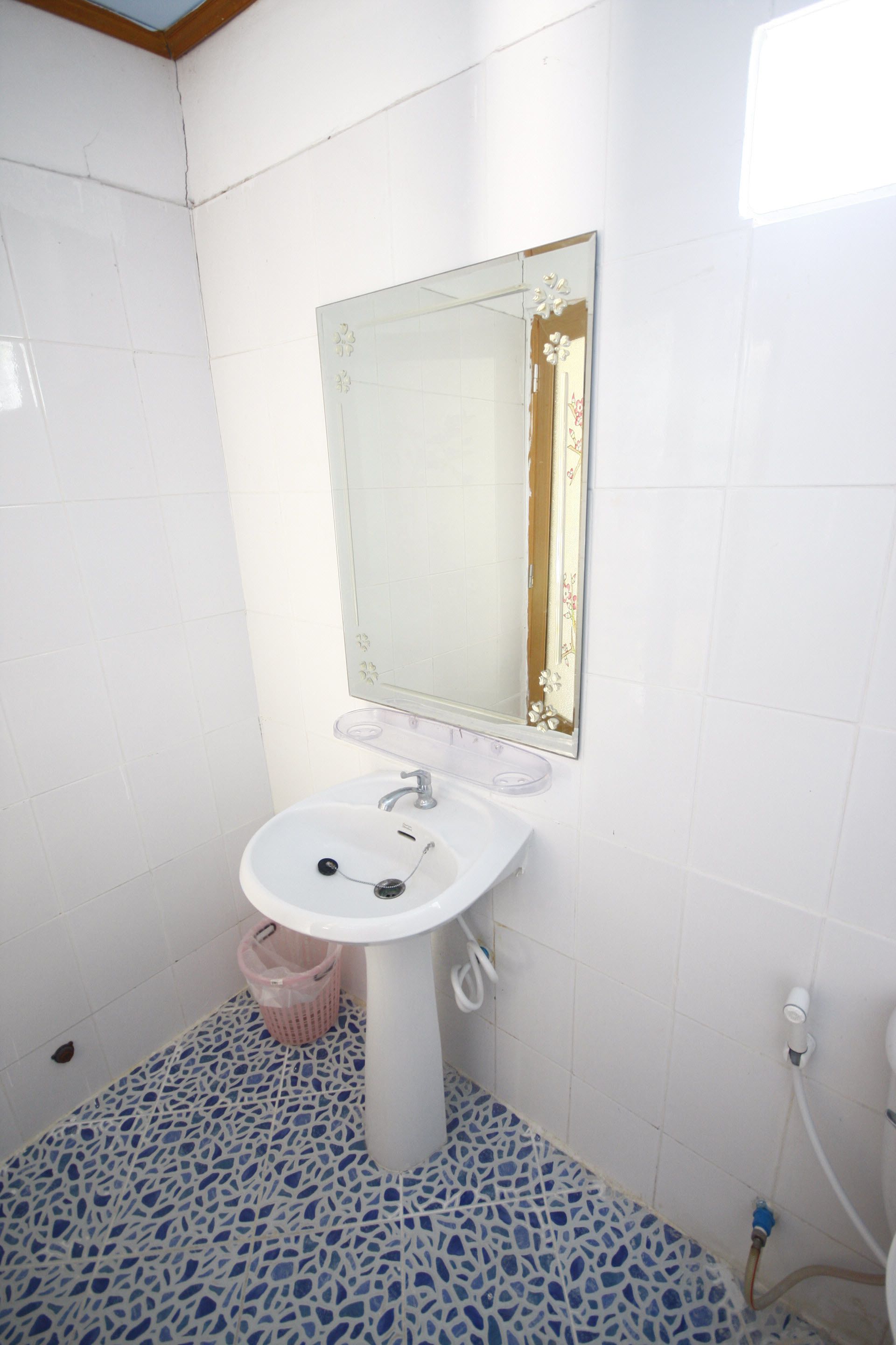 Une salle de bain avec un lavabo blanc, un miroir avec un cadre doré et des carreaux de sol bleus à motifs.