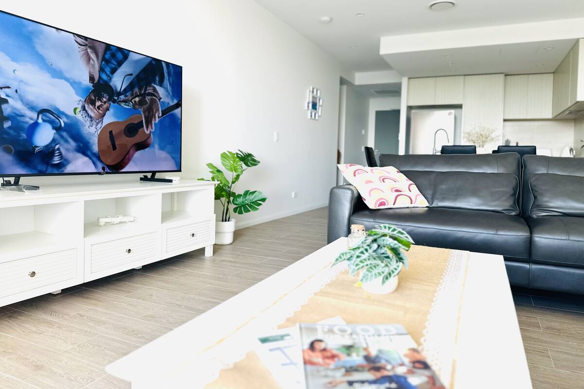 A modern living room with a flat-screen TV, a leather sofa, a coffee table with magazines, and a potted plant.