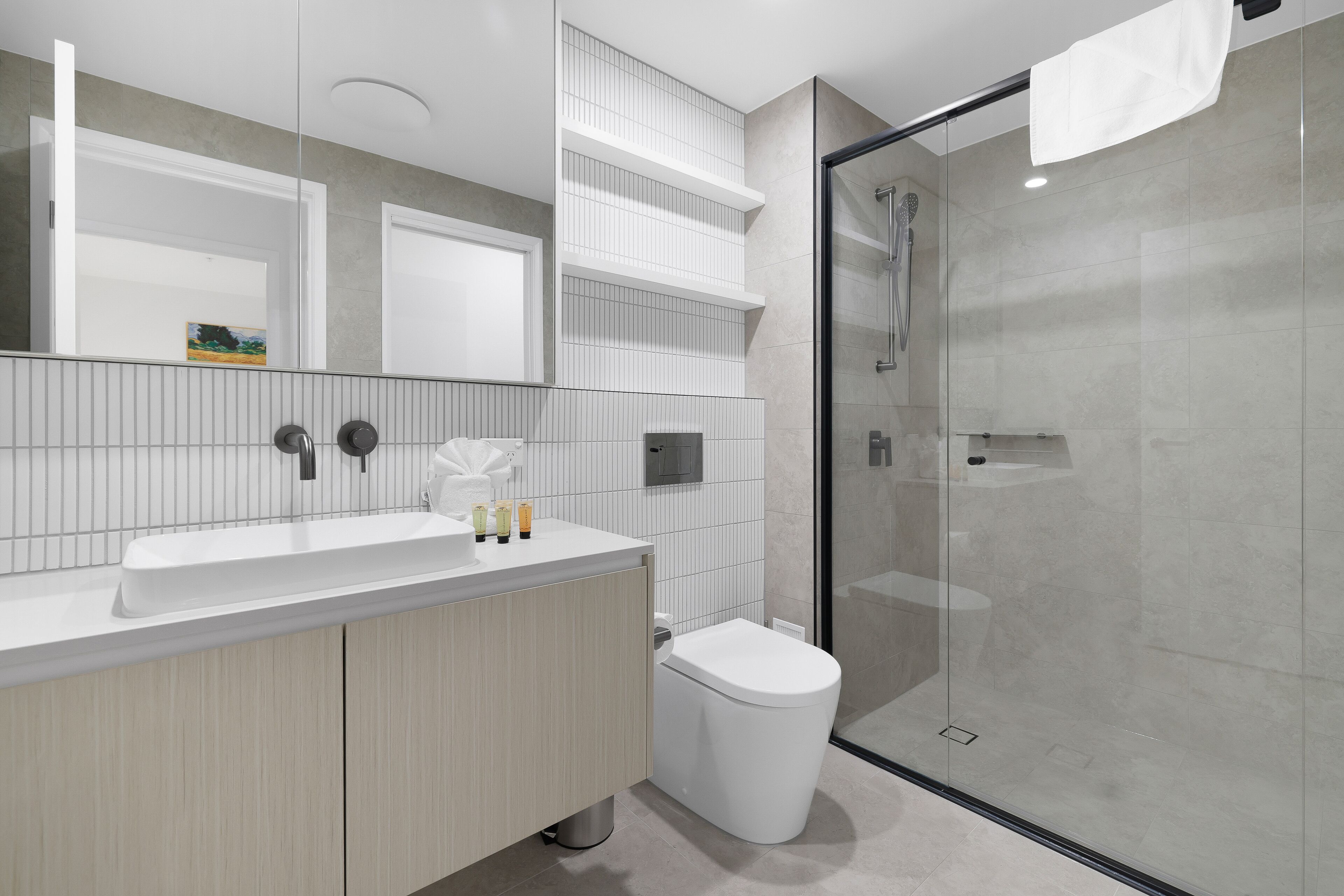Une salle de bain moderne avec une douche à parois de verre, un lavabo blanc et des toilettes.