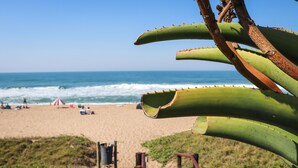 A beach with a wooden walkway leading to the ocean, surrounded by green plants and a clear blue sky. - Apartments on The Eighteenth (KwaDukuza)