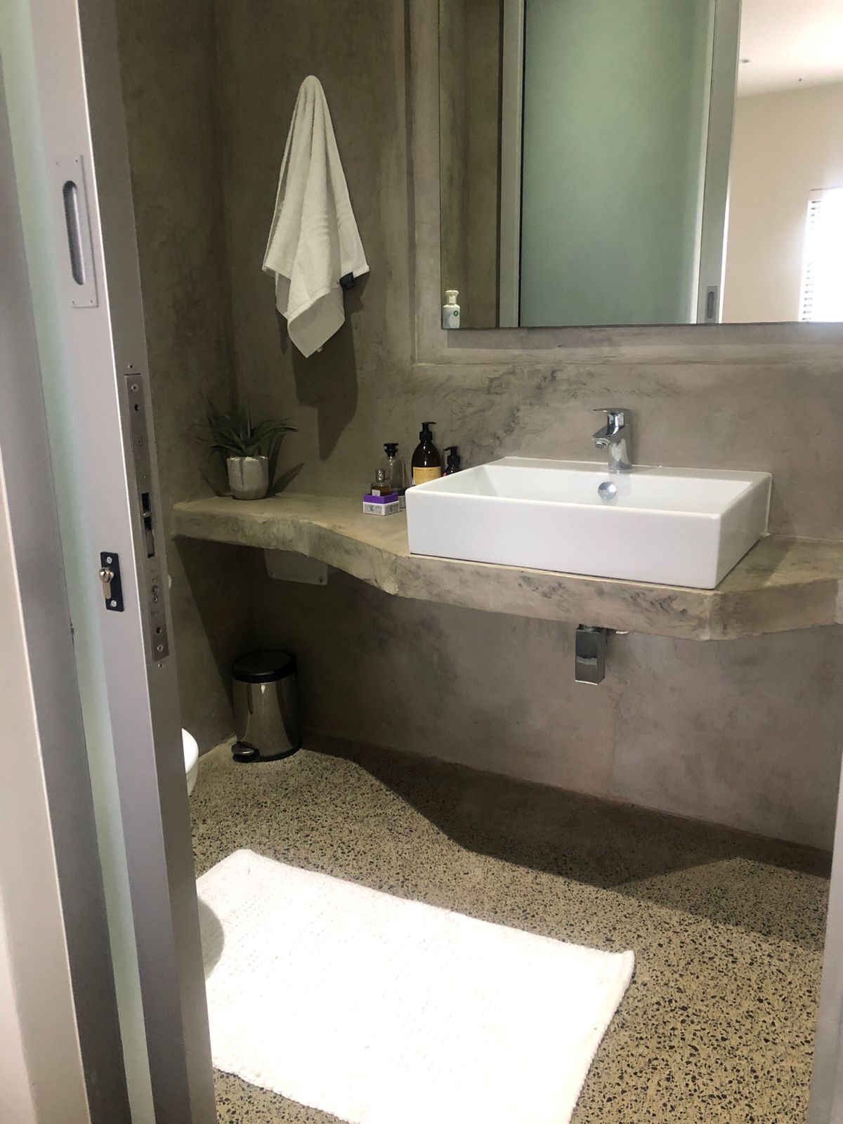 A bathroom with a white sink, a mirror, a towel hanging on the wall, a small potted plant, and a trash bin.