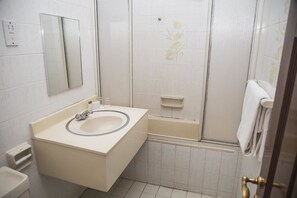 Combined shower/bathtub, free toiletries, hair dryer, towels