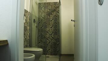 A bathroom with a shower, toilet, and patterned tiles.