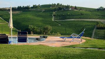 Relax by the serene pool surrounded by a lush vineyard and well-manicured lawn.